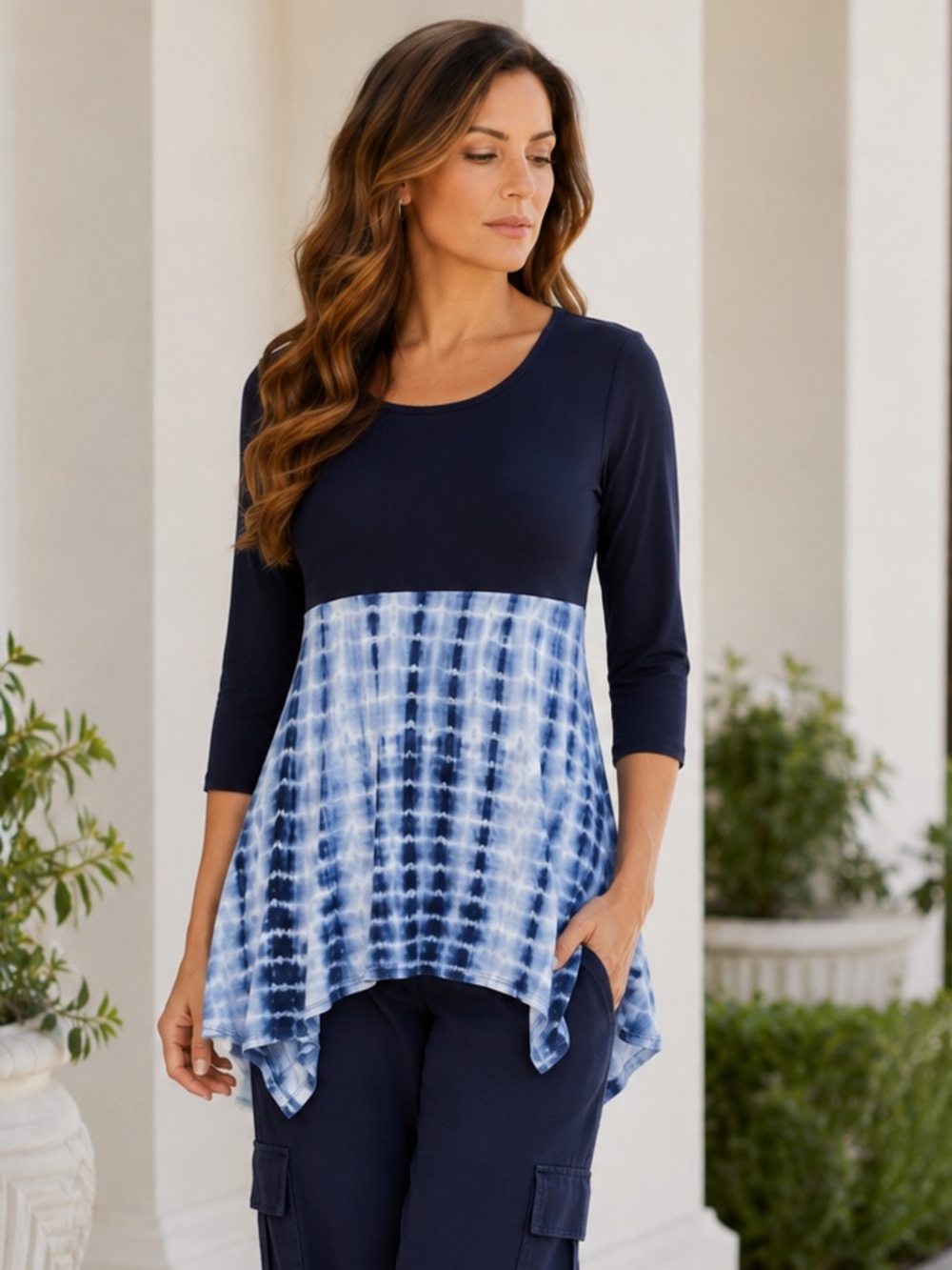 Navy & Light Blue Tie-Dye Handkerchief Hem Top - Women